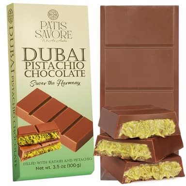 Dubai Chocolate Bar Pistachio – 3.5 oz Dessert with Pistachio Cream & Kataifi Filling | Gourmet Dubai Chocolate Filling | Elegant Gift Chocolate