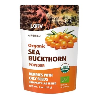 LOOV Organic Sea Buckthorn Berry Powder, High in Fiber, Omegas, Vitamin C, Vitamin E, Made from Whole Berries, 4 Oz, Grown in Nordic Climate, 23-Day Supply, No Added Sugar, Non-GMO