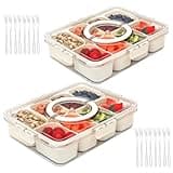 2 Pack Snackle Box Container- Divided Serving Tray with Lid and Handle- Clear Plastic Portable Snack Box with 8 Compartment for Fruit, Veggie, Candy, Nuts, Picnic, Travel, Entertaining, Party…