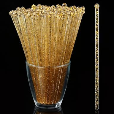 ALINK 50 Counts Gold Glitter Plastic Swizzle Sticks, Crystal Cake Pops, Cocktail Coffee Drink Stirrers, 7.24 Inch