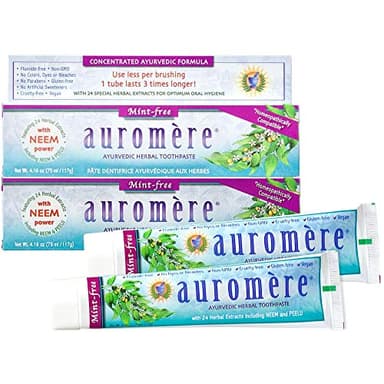 Auromere Ayurvedic Herbal Neem & Clove Toothpaste - All Natural Fluoride Free Toothpaste for Adults and Kids, Suitable for Sensitive Teeth, SLS-Free, Non GMO, Vegan, Cruelty-Free - Fresh Mint, 5 Pack