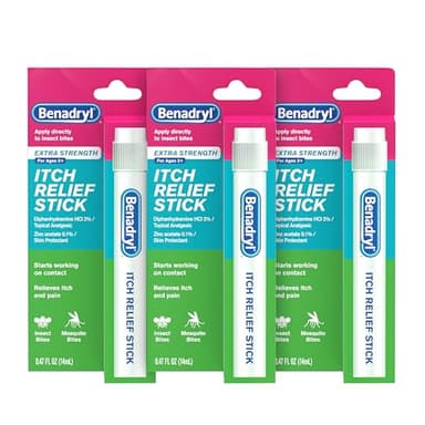 Benadryl Extra Strength Anti-Itch Relief Stick, Bug Bite Itch Relief, Diphenhydramine HCl Topical Analgesic & Zinc Acetate Skin Protectant, Great for Camping Essentials, 0.47 fl oz (Pack of 3)
