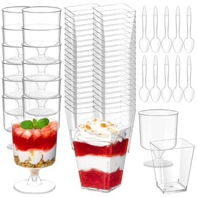 Soelomu Mini Plastic Dessert Cups with Spoons 200 Pcs | Serves 100 | 5 OZ Square and 5 OZ Goblet Dessert Shooters | Small Party Serving Cups for Parfait, Appetizers, Dessert Shot Glasses Set