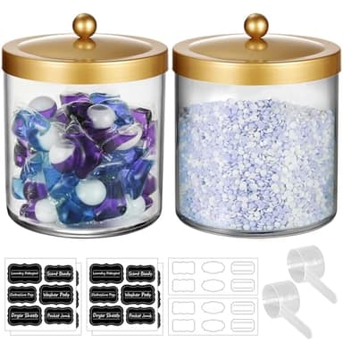 Amolliar 50 Oz Apothecary Jar - 2 Pack Clear Container with Stainless Steel Lid, Plastic Jar for Laundry Room Organization & Pods Storage, Bathroom Vanity Organizer, Kitchen Countertop Decor (Gold)