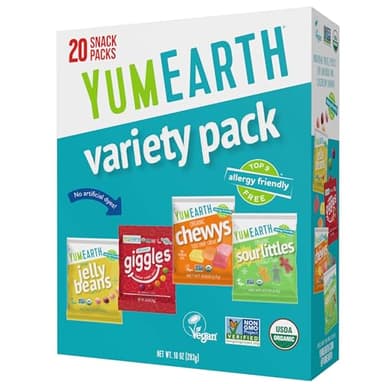 YumEarth Organic Variety Box - Jelly Beans, Giggles, Chewys, Sour Littles - Allergy Friendly (Top 9 Free), No Artificial Dyes, Non GMO, Gluten Free, Vegan -Individually Wrapped (Pack of 20)
