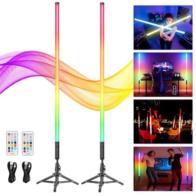 2 Pack 4ft RGB Tube Light with Stand, 5000mAh Battery Light Tube, 500 Lighting Modes, 2.4G Remote, Dimmable Neon LED Video Light Bar for Photography Studio DJ Party Wedding Stage Lighting
