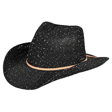 C.C Sparkly Sequin Cowboy Hat with Suede String Trim, Black