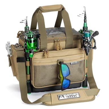 Ghosthorn Fishing Tackle Bag with Rod Holder Saltwater & Freshwater Resistant Tackle Box Bag - Waterproof Base, Adjustable Padded Shoulder Strap (Khaki)