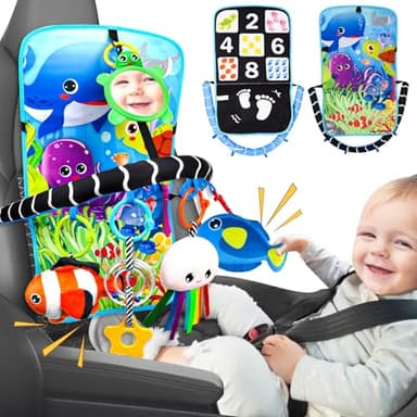 Innofans Baby Car Seat Ocean Animals Toys - Kick and Play Double Sided Infant Car Seat Toys with Plush Toys, Mirror, Teether for Baby Travel Activities, Christmas Birthday Gifts Newborn Infant Toy