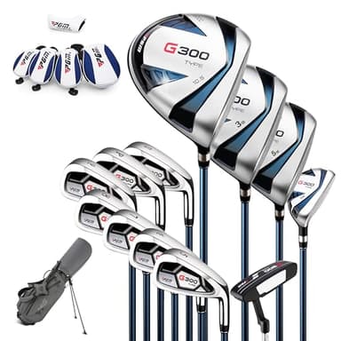 PGM Men's G300 Complete Golf Club Set - Titanium #1 Driver, Draw-Biased Hybrid, High-Strength Iron Set, High Forgiveness Putter, with Stand Bag (Right-Handed, 12Pcs Clubs-Regular)