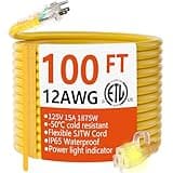 HUANCHAIN 12/3 Gauge Heavy Duty Outdoor Extension Cord 100 ft Waterproof with Lighted end, Flexible Cold-Resistant 3 Prong Electric Cord Outside, 15Amp 1875W 12AWG SJTW, Yellow, ETL