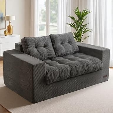 MAXYOYO Loveseat Sofa Couch, Upholstered Bean Bag Chair Cloud 2-Seat for Adults, Boneless Couch with Tufted Cushion & Pillows, Sofa in A Box, No Assembly Required, Dark Grey
