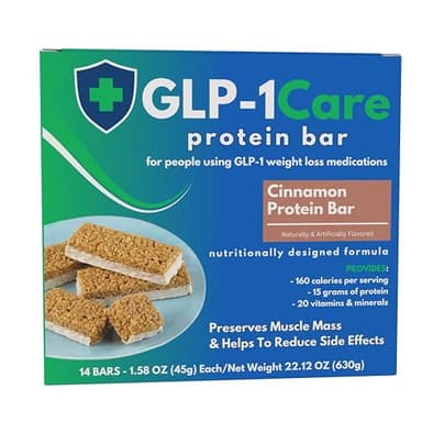 GLP-1Care Cinnamon Protein Bars, High Protein, Low Calorie, GLP-1 Compatible, 15g Protein, 14 Servings Per Box