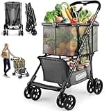 𝟐𝟎𝟐𝟓 𝐔𝐩𝐠𝐫𝐚𝐝𝐞𝐝 Folding Shopping Cart with Wheels, 80lbs Multi Use Grocery Carts with 360° Wheels & Removable Tote Bag, Multifunctional Portable Personal Shopping Carts for Groceries，Black
