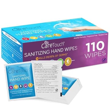 Care Touch Hand Sanitizer Wipes - 110 Hand Wipes Individually Wrapped - Travel Size - Sanitizing Wet Wipes for Home, Office & Outdoor Use
