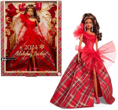 Barbie Signature 2024 Holiday Doll with Light Brown Hair in Plaid Gown, Collectible Toy in Displayable Packaging