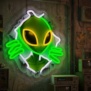 Alien Peeking Through Wall Neon Sign, Green UFO LED Wall Light, USB Powered Alien Neon Light for Game Room, Men's Cave, Bedroom & Party Decor, Ideal Alien Gifts