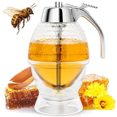 Honey Dispenser No Drip Glass 8 oz with Plastic Top, Beautiful Honeycomb Shaped Honey Jar with Stand - 6" Clear Container, Honey Pot, Maple Syrup Dispenser, Perfect Bee Decoration for Home Kitchen
