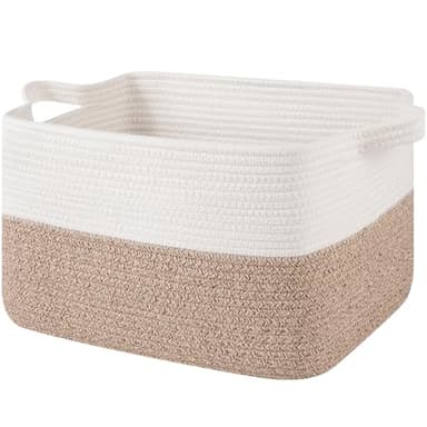 OIAHOMY Woven Storage Basket for Shelves, Rectangle Cotton Rope Baskets for Organizing, 16 x 12 x 10 in, Storage Bins for Dog Toys,Towel,Books,Gift,Brown and White