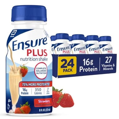 Ensure Plus Strawberry Nutrition Shake | Meal Replacement Shake | Ready To Drink | 16g Protein and 27 Vitamins and Minerals | 8 fl oz - 24 Pack