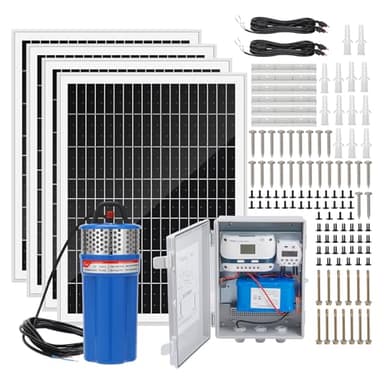 Solar Well Pump Kit with Timing Function, Submersible Pump, Four Solar Panels with Fixed Bracket, Thickened Waterproof Box with Upgraded Controller, Battery, and Timer for Well and Irrigation