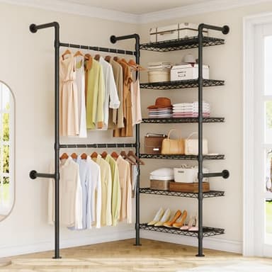 L2 Wall Mounted Closet System, Industrial Pipe Clothing Rack Clothes Racks with 2 Telescopic Rod & 6 Shelves, Heavy Duty Closet Organizers System in Wardrobe Closet, Black