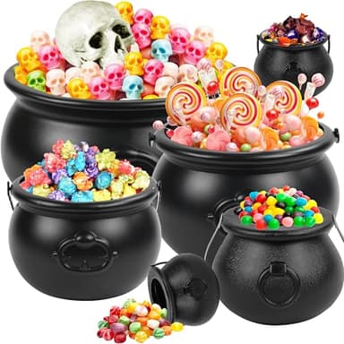 6 in 1 Package (12.6”, 9.8”, 7.7”, 5.7”, 2.8”) Halloween Large Witch Cauldron Kettles, Black Plastic Witch Pots Candy Holder Treats & Punch Bowl for Halloween Party Supplies Indoor Outdoor Decor