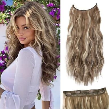 NOVFLKW Halo Hair Extensions with Invisible Wire 20 Inch Ash Brown Hair Extensions with Beach Blonde Highlight and 4 Secure Clips Wavy Synthetic Hair extensions for Women Daily Part Use