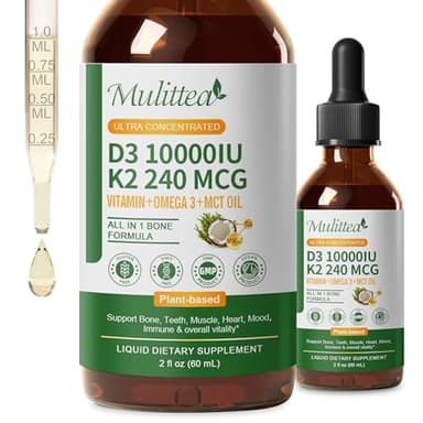 2 Pack Organic Vitamin D3 K2 Liquid 10000 IU w/ Vegan Omega-3 & Coconut MCT Oil - Maximum Strength Vitamin D Supplement, No Fillers, Non-GMO K2 as MK7 for Bones, Muscles & High Absorption-2 Fl Oz