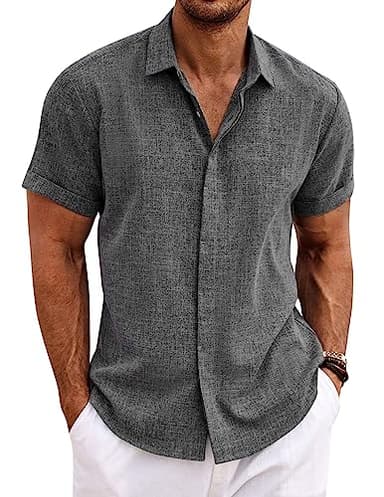 COOFANDY Men's Linen Untucked Button Up Shirt Casual Short Sleeve Slim Fit Summer Shirts Dark Grey