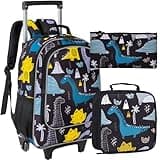 AGSDON 3PCS Kids Rolling Backpack, Boys Roller Wheels Bookbag, Wheeled School Bag with Lunch Bag - Dinosaur