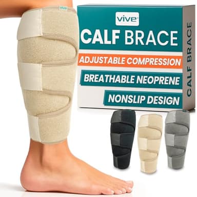 Vive Calf Brace - Adjustable Shin Splint Support - Lower Leg Compression Wrap Increases Circulation, Reduces Muscle Swelling - Calf Sleeve for Men and Women - Pain Relief (Beige)
