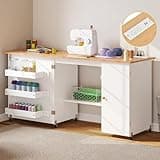 DWVO Large Folding Sewing Table with Charging Station, Multipurpose Craft Table with Compact Design, Sewing Cabinet with Lockable Casters, Storage Shelves, Magnetic Doors, White