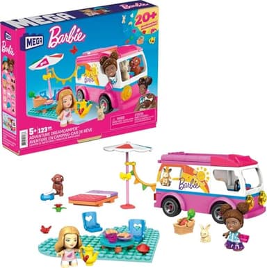 MEGA Construx Barbie Kids Building Toy Set, Adventure DreamCamper with 123 Pieces, 2 Micro-Dolls, Furniture and Accessories, Pink, Ages 5+ Years