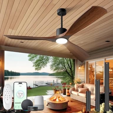 BOOSANT 60" Ceiling Fan with Lights,Outdoor Ceiling Fan Smart Work with Alexa/Gg/App/Remote,3-Color Light Dimmable 6-Speed Quiet Reversible for Patio Porch Living Room,Dark Walnut