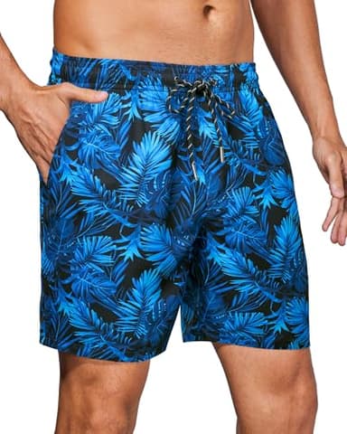 Gleeease Mens Swim Trunks Mens Bathing Suit 7 inch with Mesh Liner Pockets Drawstring Quick Dry Stretch Lined Funny Beach Swimming Pool Surf Blue Palm Medium Swim Trunks