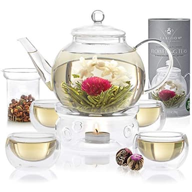 Teabloom Complete Glass Tea Set – Teapot (40 oz), Loose Tea Infuser, 4 Insulated Teacups, Tea Warmer with Candlelight, and 12 Flowering Teas – Elegant Blooming Tea Gift Set