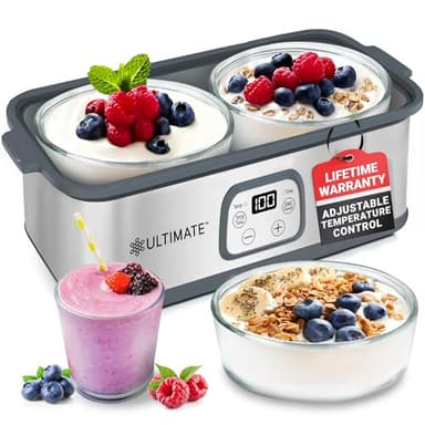 Ultimate Probiotic Yogurt Maker with Adjustable Time & Temp Control - Make Trillions of Live Probiotics with Two 1-Quart Containers for Larger Batches - Greek Yogurt Maker - ULTIMATE LIFETIME WARRANTY