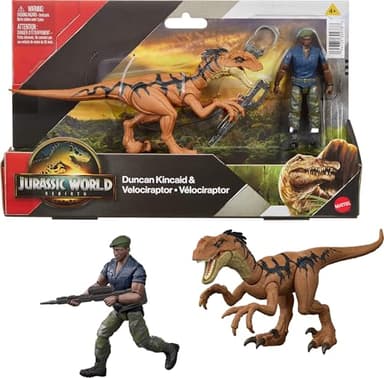 Mattel Jurassic World Rebirth Human & Dinosaur Figure Pack, Duncan Kincaid & Velociraptor, Movie Accurate 3.75 Inch Scale, Posable Collectible
