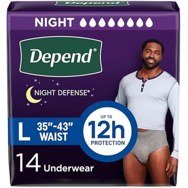 Depend Night Defense Adult Diapers, Incontinence Underwear for Men, Disposable, Overnight, Large, Grey, 14 Count, Packaging May Vary