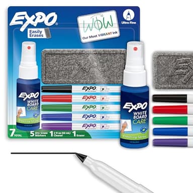 EXPO Dry Erase Markers Kit, Ultra Fine Tip, Assorted Colors, Eraser, Spray Cleaner, 7 Count - Whiteboard, Calendar, Office, School, Classroom, Teacher Supplies