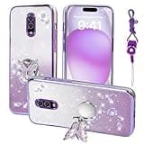 RTYQXK for Oneplus 6T / Oneplus 7 Phone Case,for Plus One 1+6t / 1+7 Mobile Phone Case for Women and Girl, Glitter Butterfly Floral TPU Protective Cover with Kickstand+Strap for Oneplus 6t (Purple)