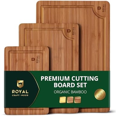 ROYAL CRAFT WOOD Premium Cutting Board Set – Carbonized Bamboo & Wooden Cutting Boards for Kitchen Meal Prep, Durable Butcher Block for Meat with Side Handles, Deep Juice Groove, Charcuterie &Chopping