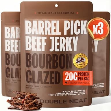 Double Neat Barrel Pick Bourbon Glazed Beef Jerky – Gluten Free – Whiskey Infused, Sweet and Smokey, High Protein, Healthy Snacks – Low Sodium – Gourmet Beef Jerky Gifts for Men – 2 Ounces Each, Pack of 3