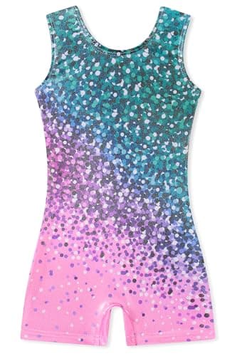 Funnycokid Gymnastics Leotards for Girls Dance Outfits Unitard Sparkly Clothes with Shorts, diamond 02, 5-6 Years