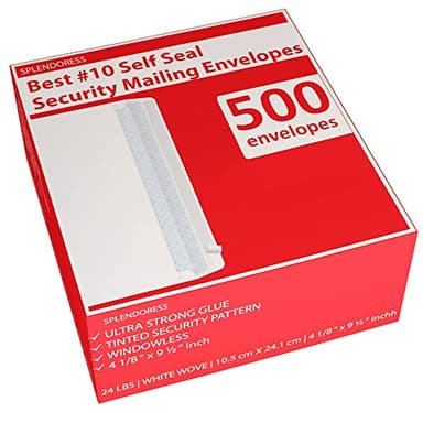 #10 Envelopes Letter Size Self Seal | 500 Business Mailing Security Peel and Sealing Envelope | 100% Tinted | no 10 White Windowless Legal Regular Plain Envelops Pack | 4-1/8 x 9-1/2 Inches | 24 LB