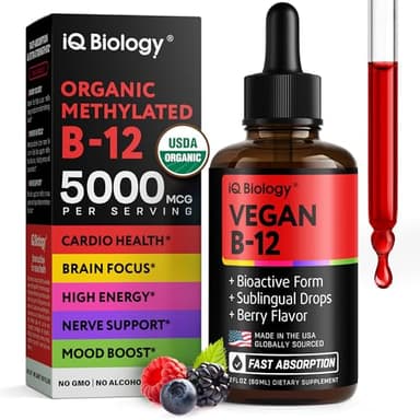 Organic Vitamin B12 Liquid Drops - Sublingual Methylcobalamin 5000 mcg - Methylated B-12 Active Coenzyme Form - Energy & Nerve System Support - Vegan Vit B 12 - USA Made - Berry Flavor - 60 servings