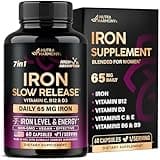 Iron Supplement for Women - Iron 65mg (Ferrous Sulfate 325mg) - Stomach Friendly | Slow Release Iron | High Absorption - Vitamins C, D3, B6, B12 & Folate - Iron Level & Energy Support - 60 Capsules