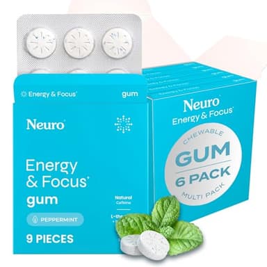 Neuro Energy & Focus Gum - 40mg Natural Caffeine Gum & Nootropic Energy Supplement with L-Theanine & B Vitamins - Sugar Free, Vegan - Peppermint, 54ct