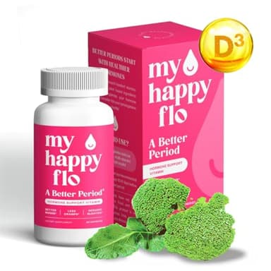 My Happy Flo PMS Support Supplement for Women with Iron, PMS Relief Hormone Support for Women, 10-in-1 PMDD Supplements for Women | DIM & I3C Indole-3-Carbinol for Cramp Relief, Heavy Flow - 60 Caps